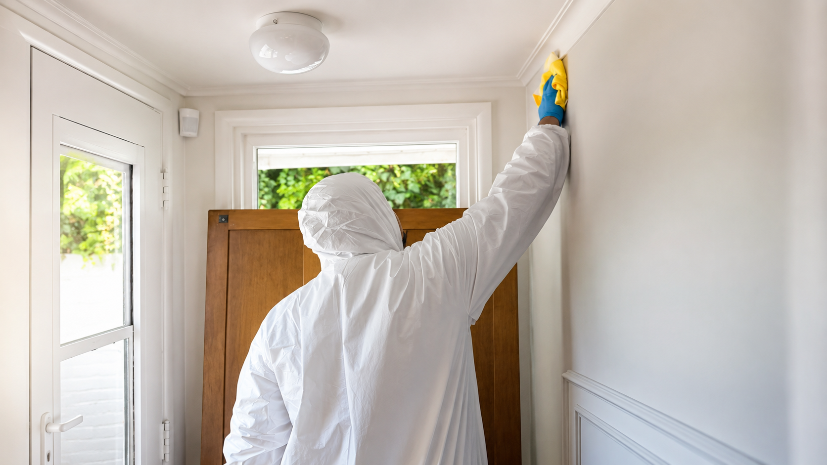 Water damage restoration professional at work